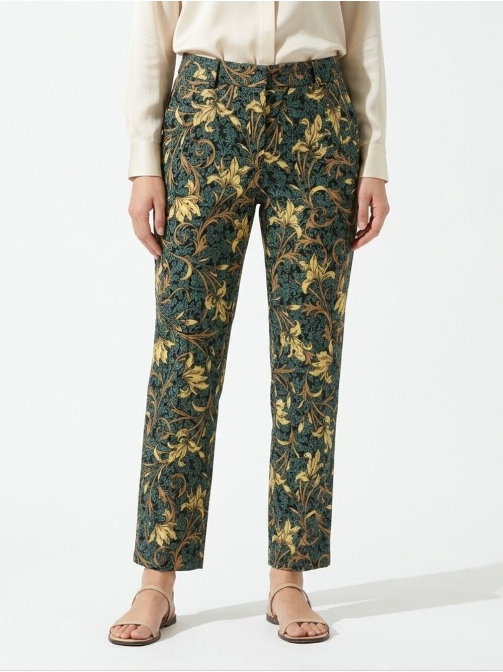ZARA BASIC William Morris Style Floral Botanical Belted Pants High Rise - Size L
